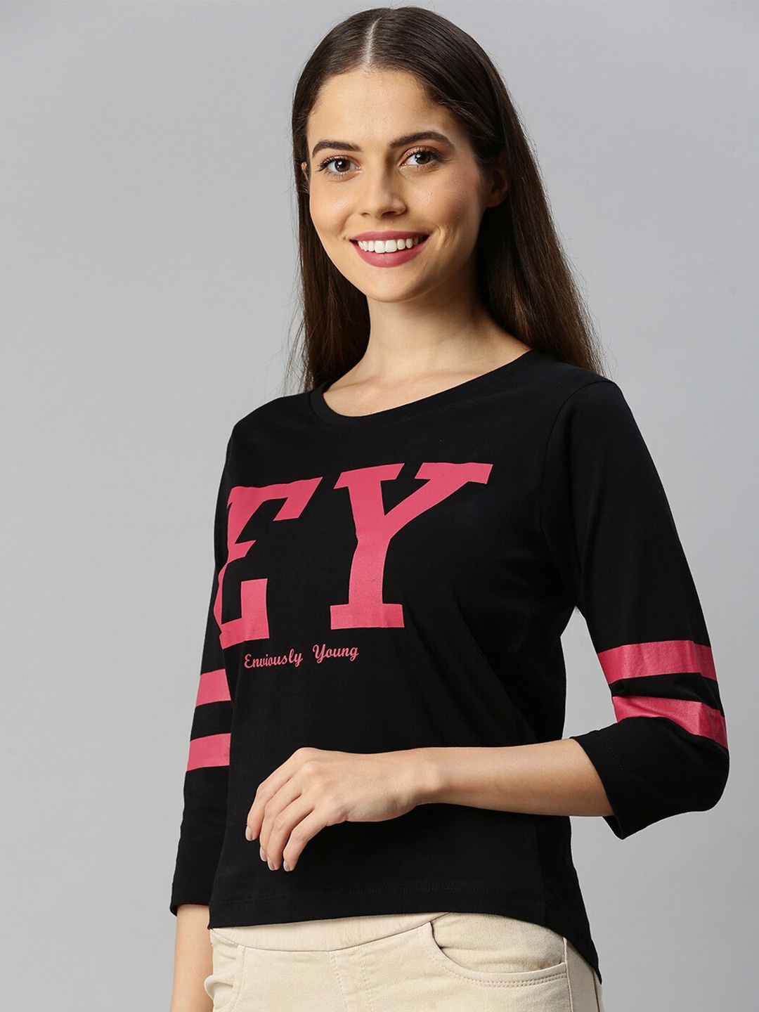 

Enviously Young Women Black & Pink Typography Printed Slim Fit Cotton T-shirt