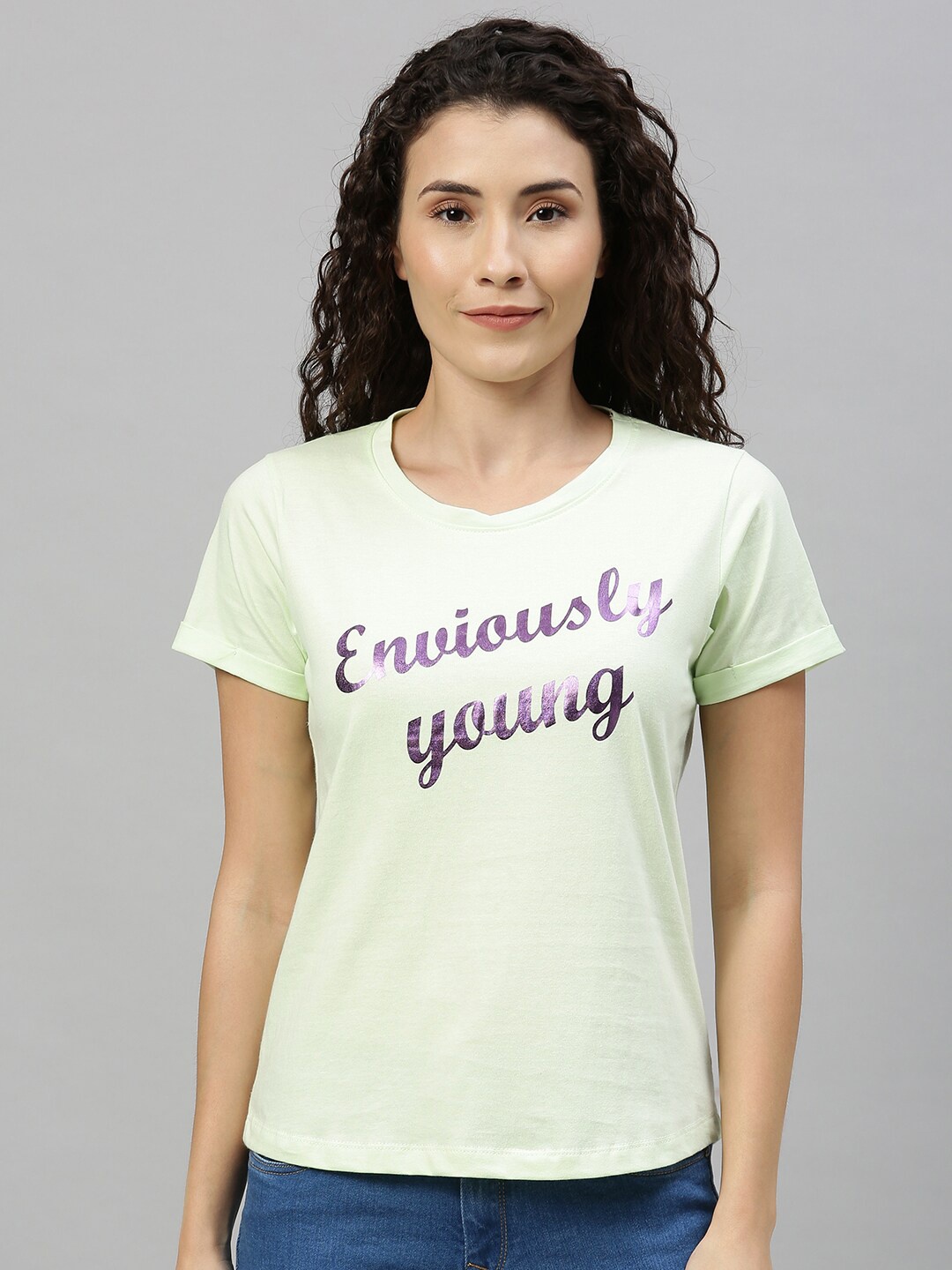 

Enviously Young Women Lime Green Typography Printed Slim Fit Cotton T-shirt