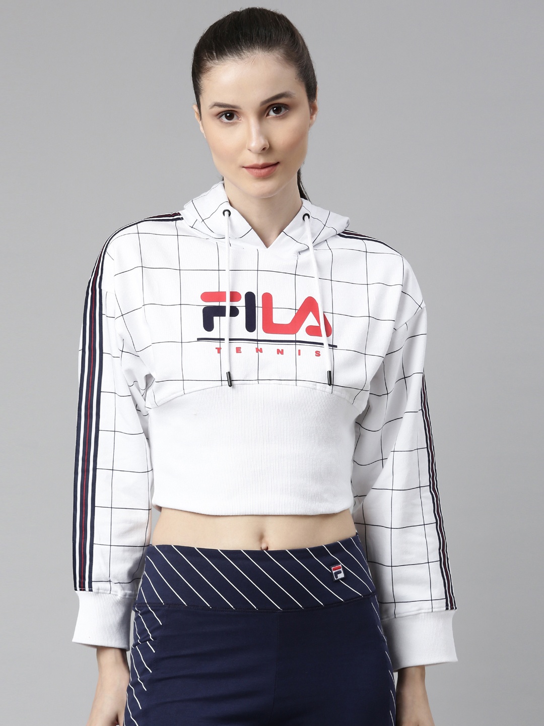 

FILA Women White Checked Hooded Cotton Sweatshirt