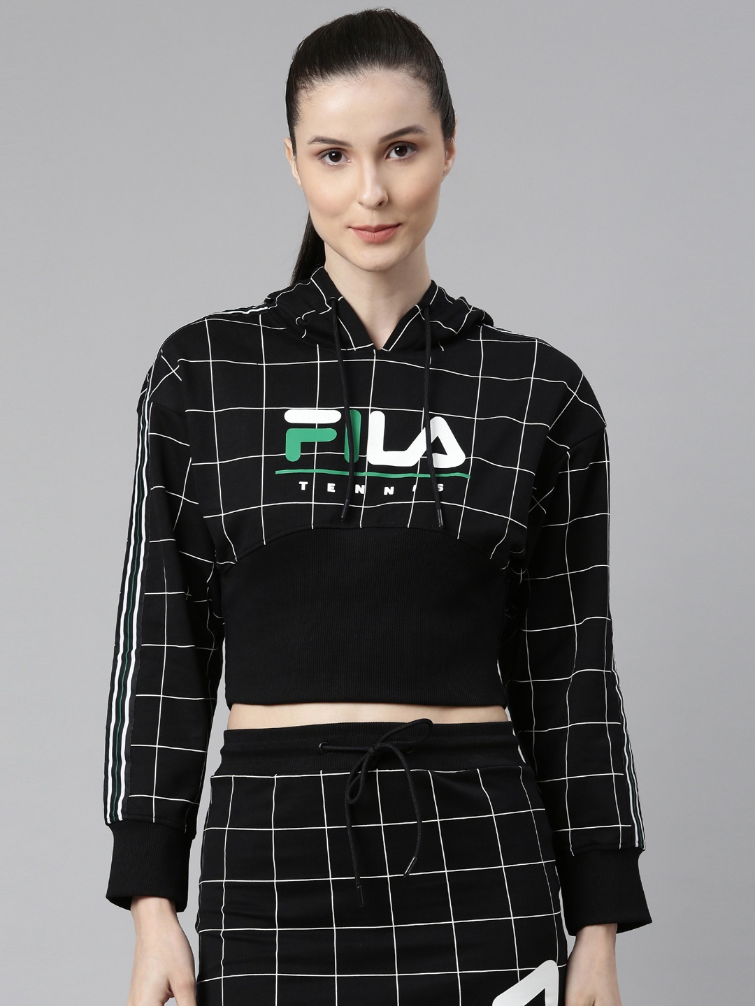 

FILA Women Black Checked Hooded Cotton Sweatshirt