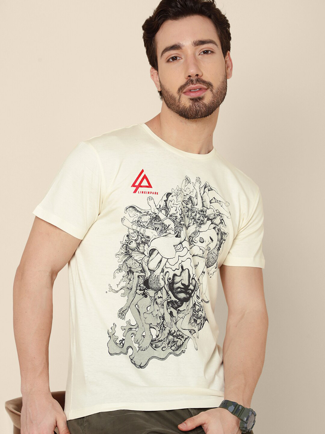 

Free Authority Men Linkin Park Cotton Printed T-shirt, Beige