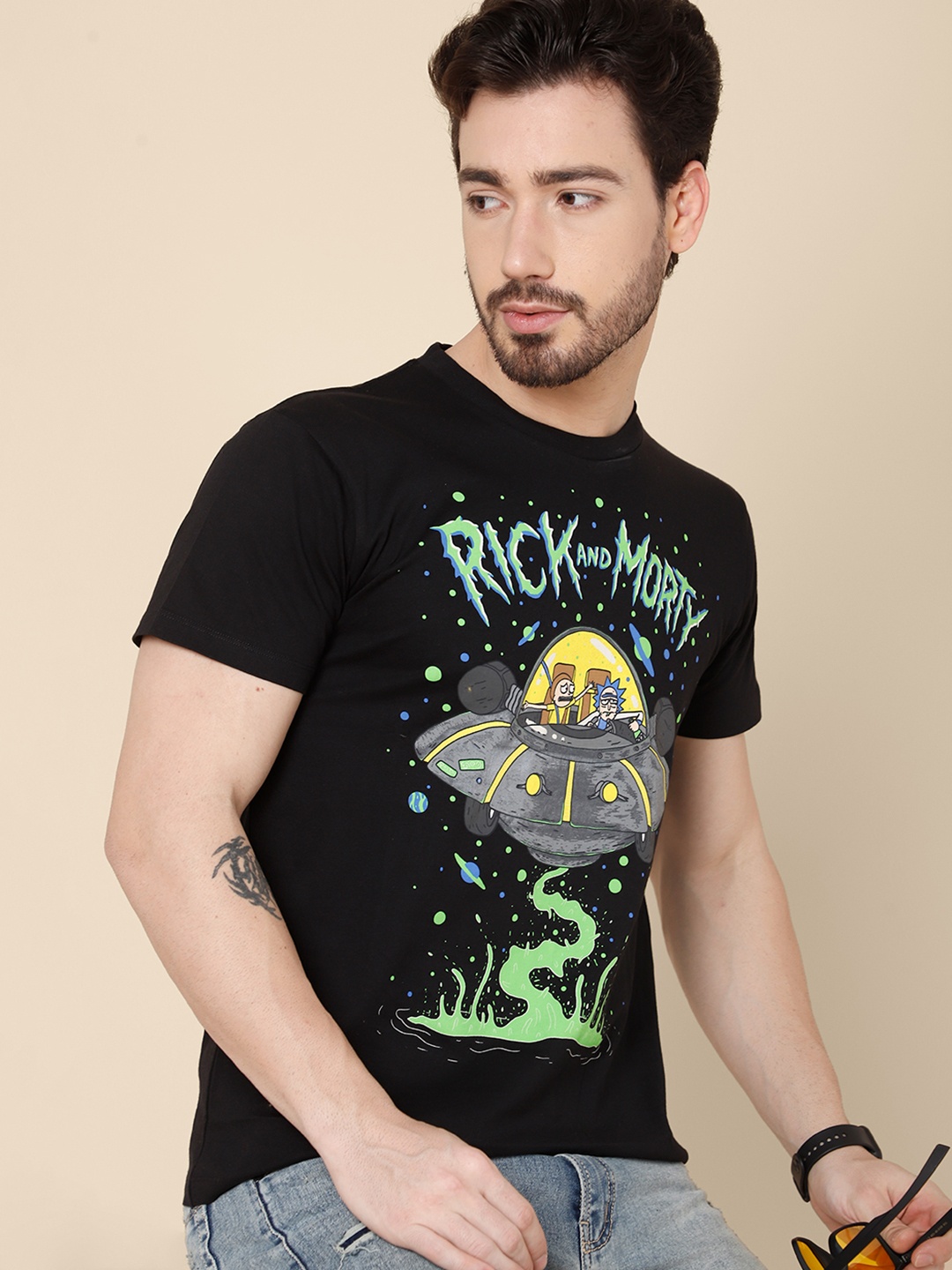 

Free Authority Men Black Rick and Morty Printed Pure Cotton Short Sleeves T-shirt