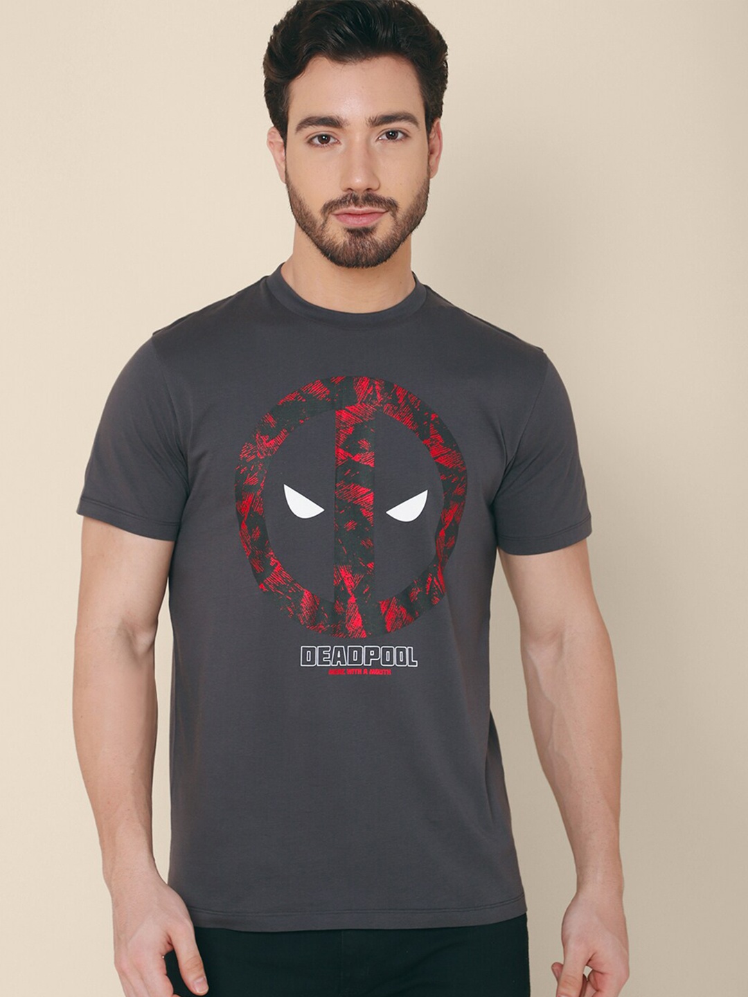 

Free Authority Men Grey & Red Cotton Deadpool Print T-shirt