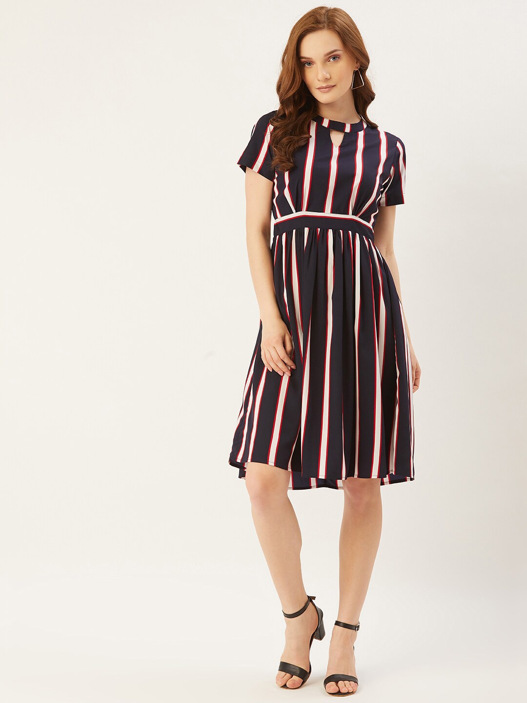 

Slenor Women Striped Crepe Dress, Navy blue