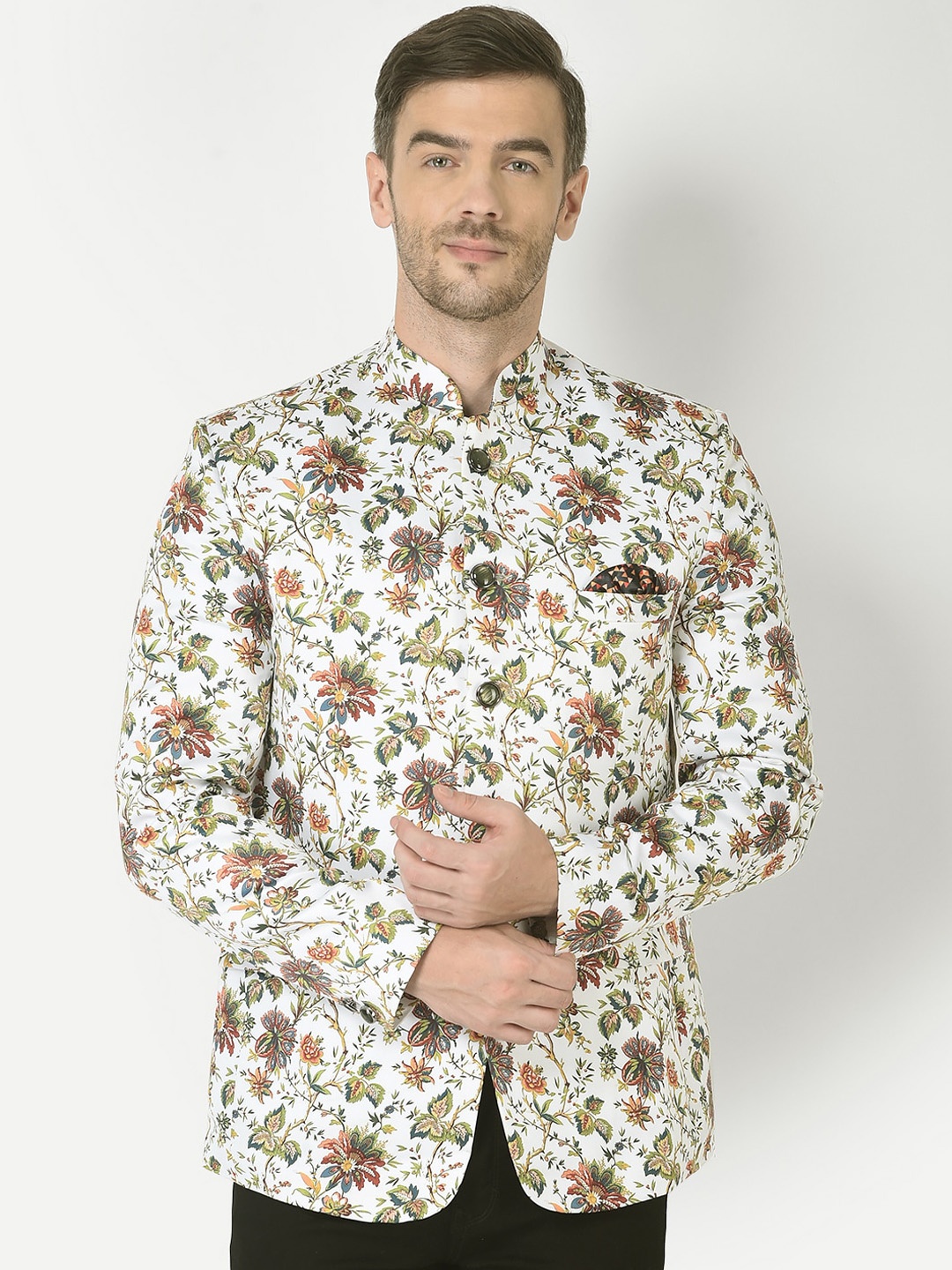 

SG RAJASAHAB Men Off-White & Green Printed Bandhgala Blazer