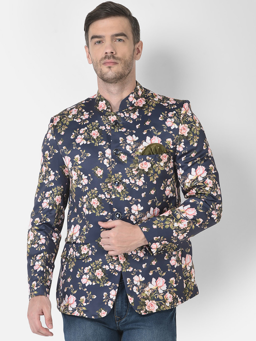 

SG RAJASAHAB Men Navy Blue Printed Slim-Fit Bandhgala Blazers