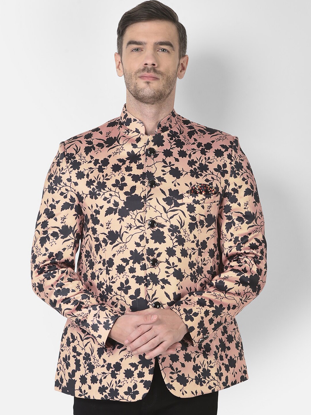 

SG RAJASAHAB Men Golden & Black Printed Slim-Fit Single Breasted Blazer, Gold
