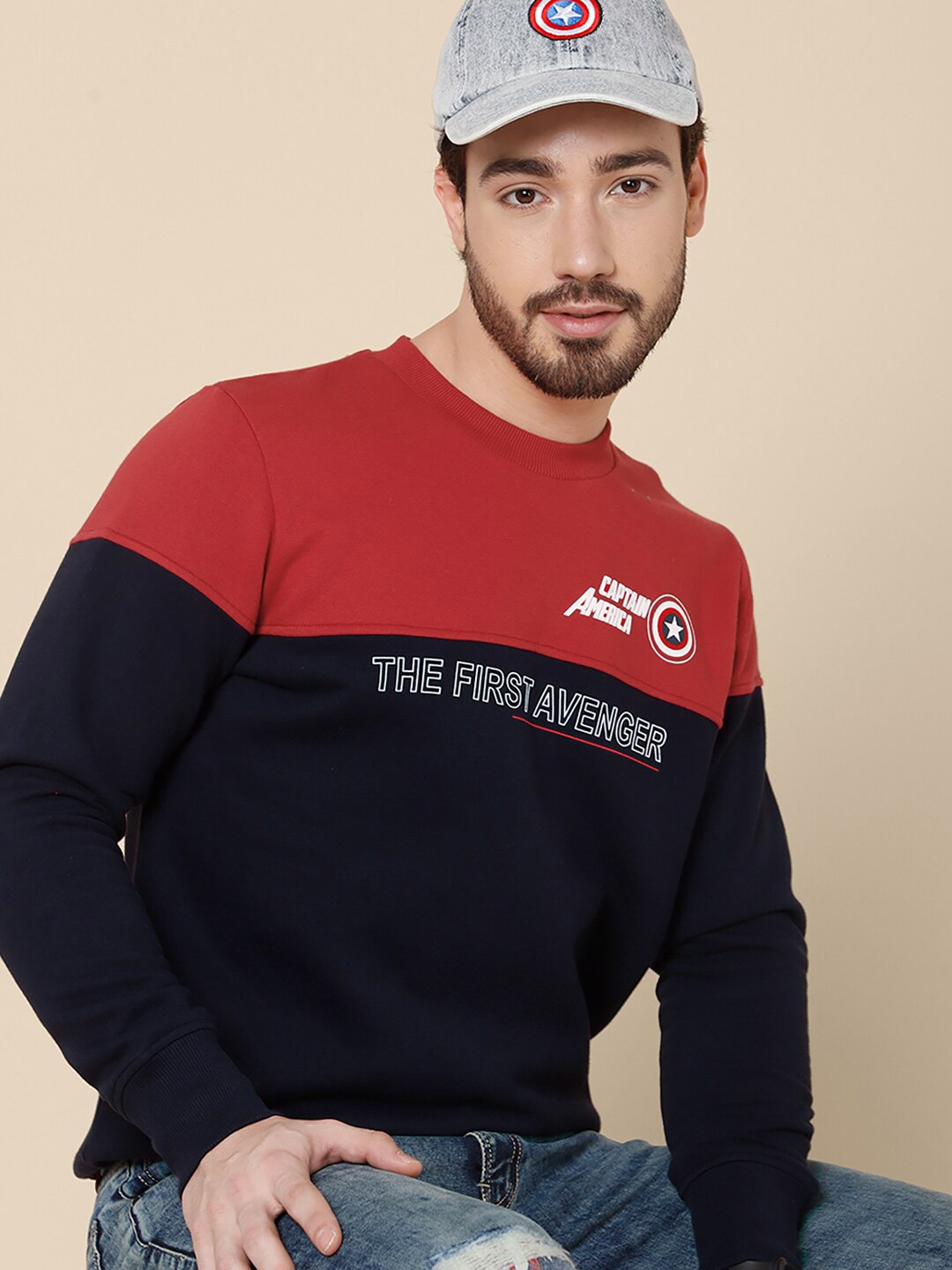 

Free Authority Men Blue & Red Captain America Printed Colourblocked Pullover Sweatshirt