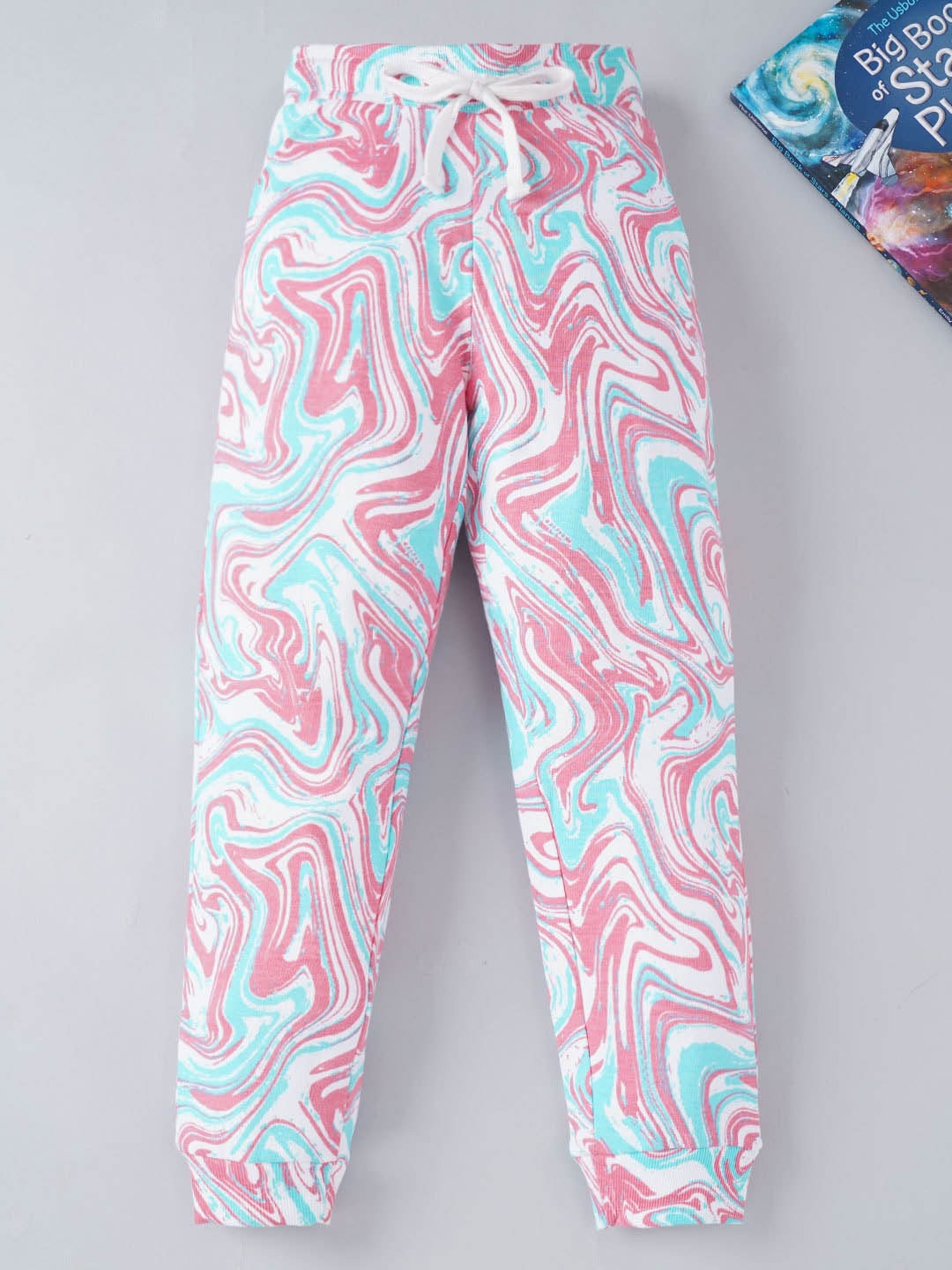 

Ed-a-Mamma Girls Pink & Blue Marble Effect Printed Pure Cotton Drawstring Joggers
