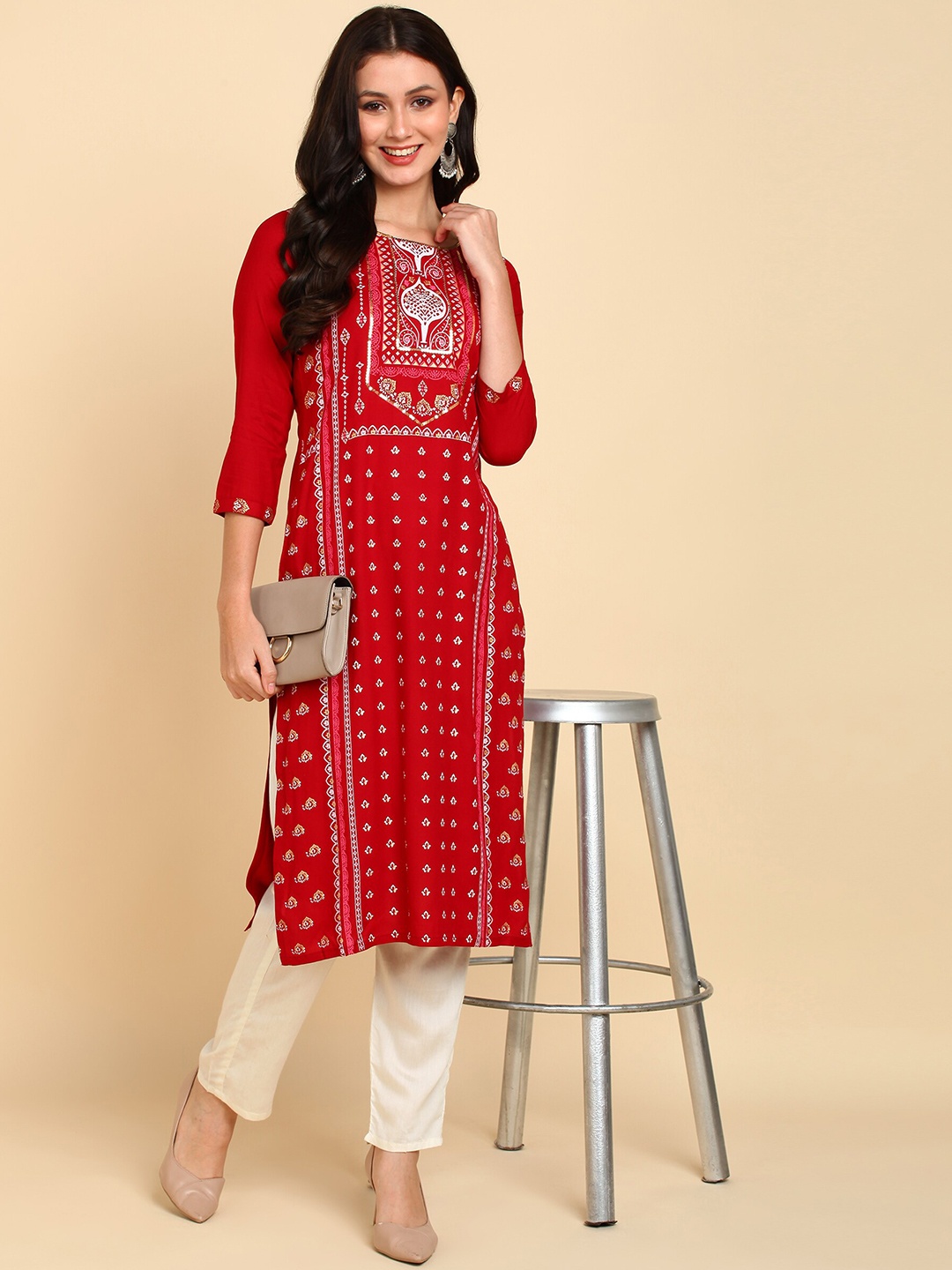 

Bani Women Red Yoke Design Liva Kurta