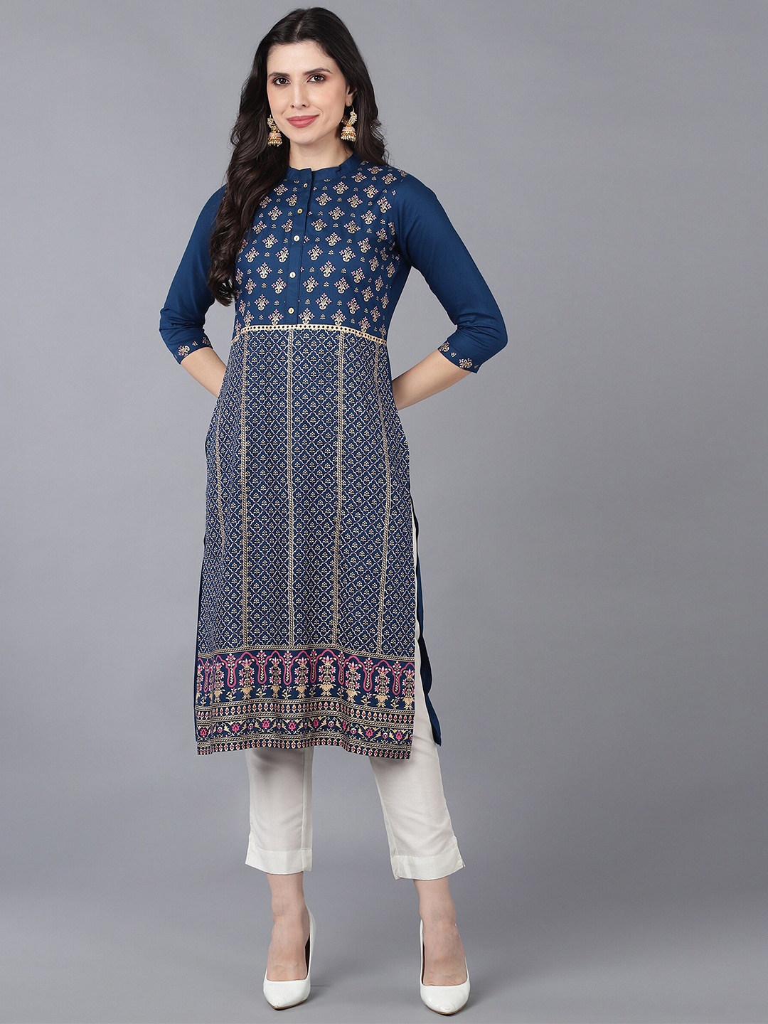 

Bani Women Blue & Gold-Toned Ethnic Motifs Printed Liva Kurta