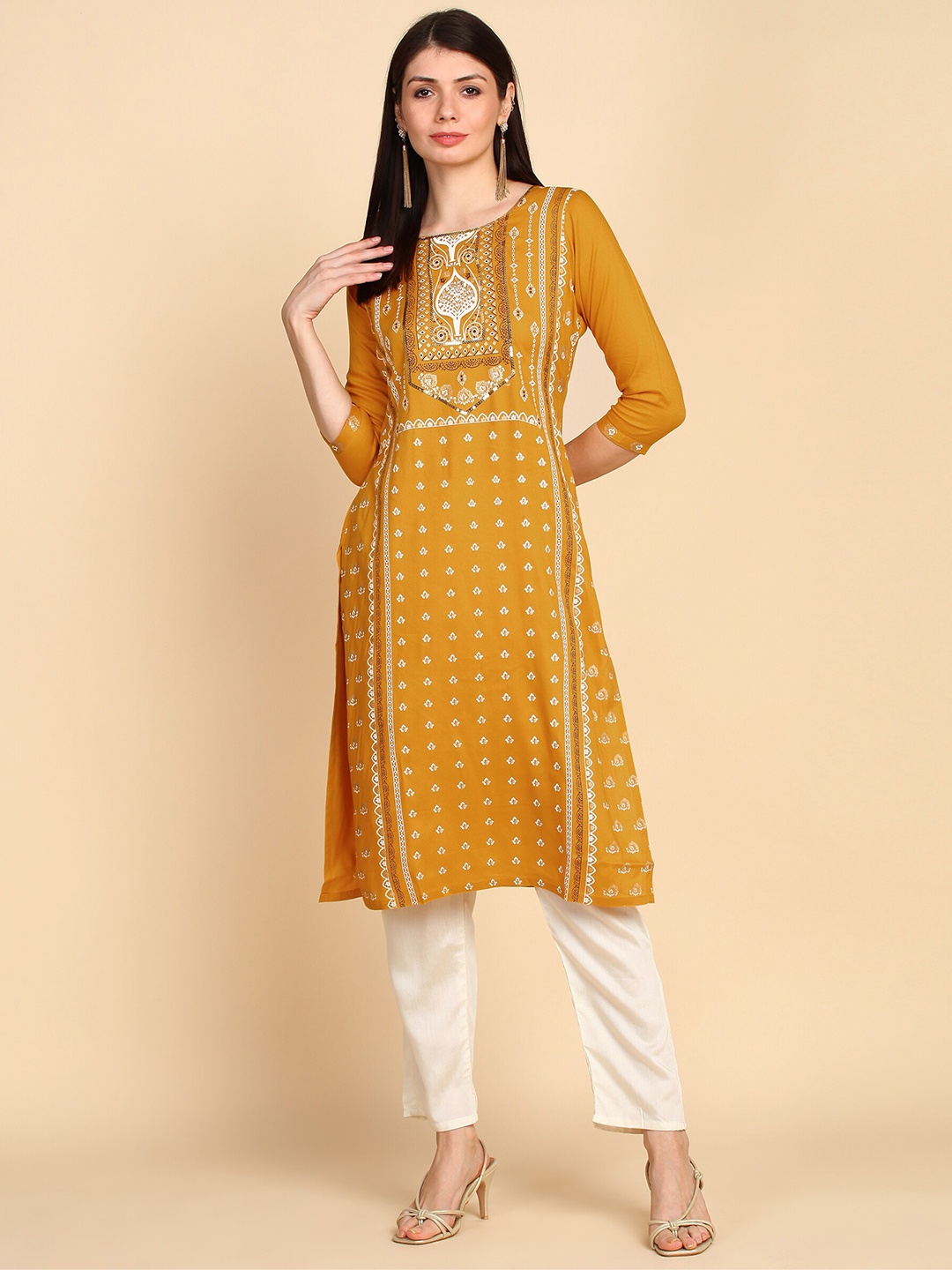 

Bani Women Mustard Yellow Ethnic Motifs Printed Liva Kurta
