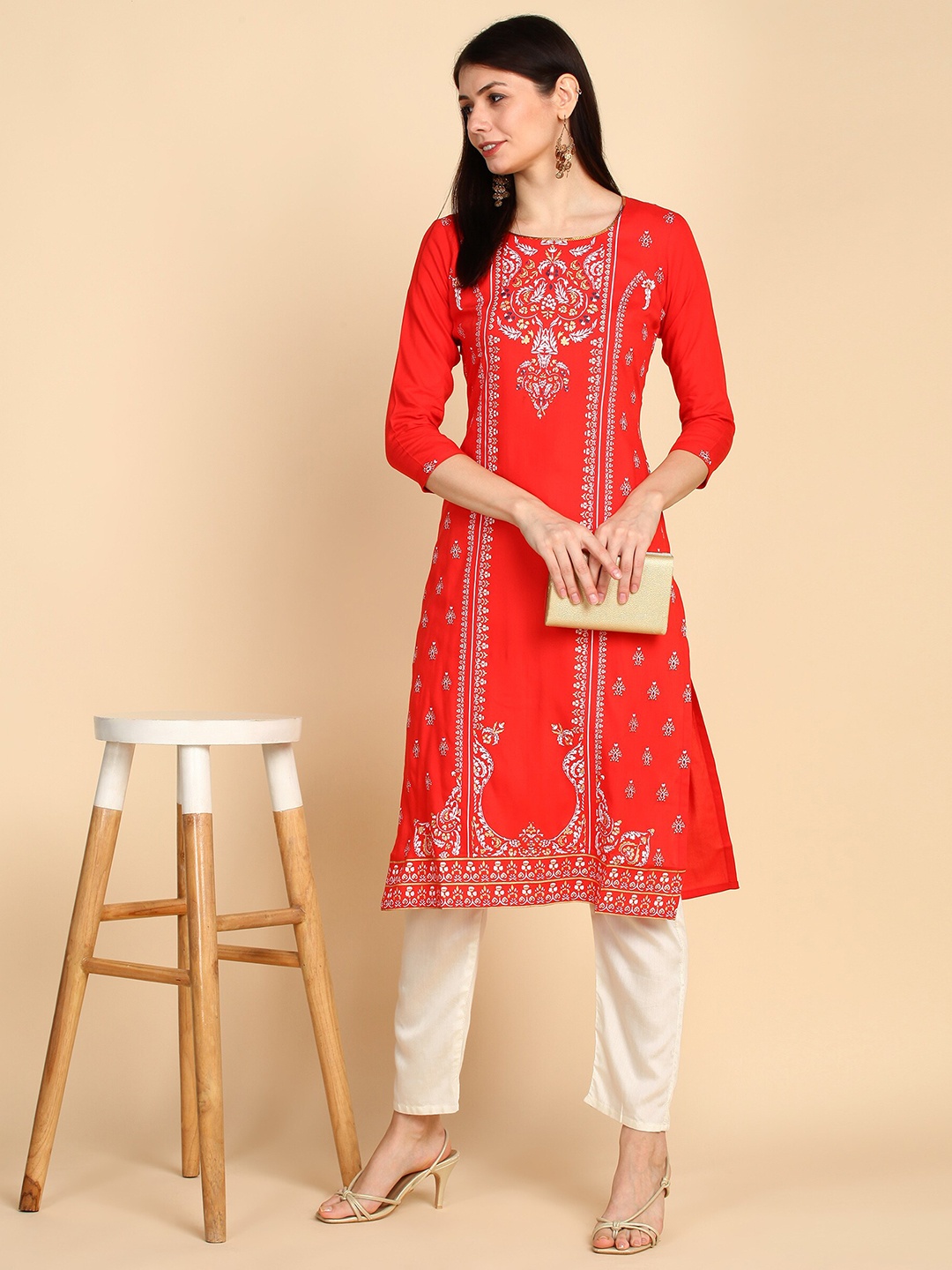 

Bani Women Red Ethnic Motifs Printed Liva Kurta