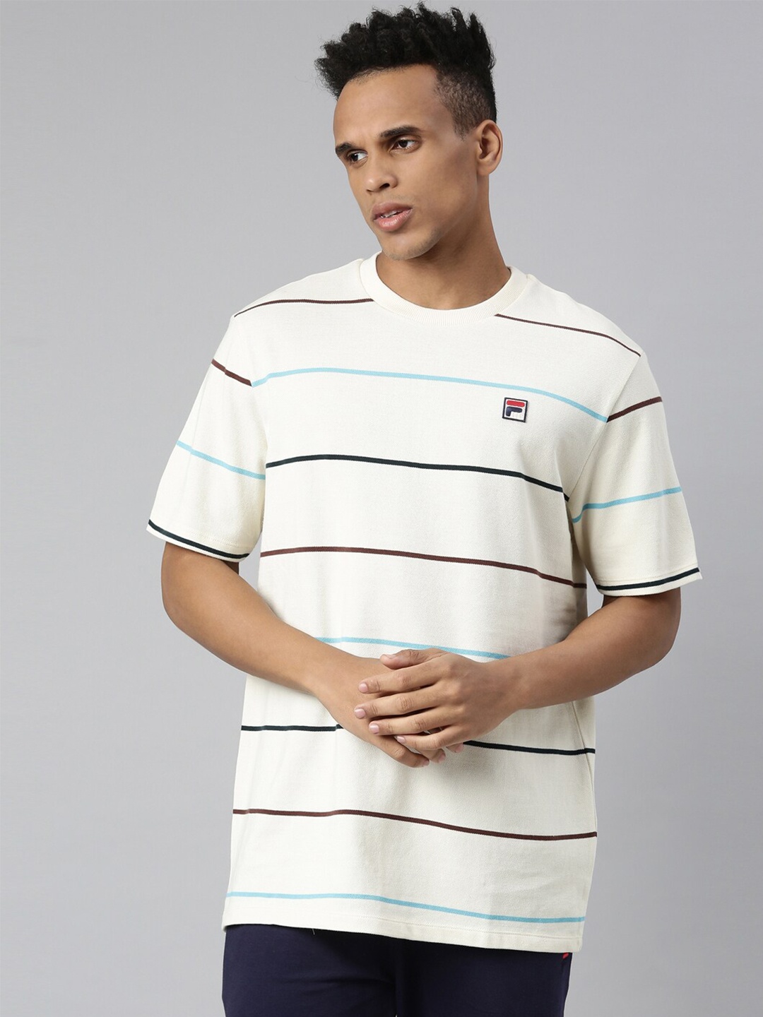

FILA Men Cream-Coloured Striped Organic Cotton T-shirt