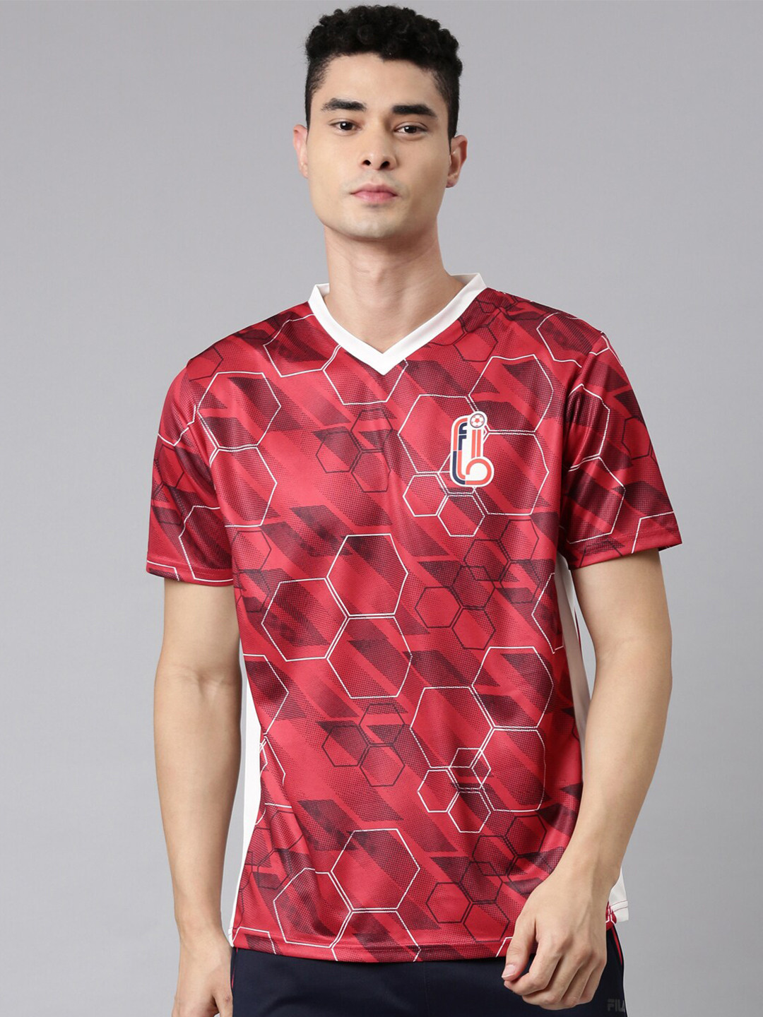 

FILA Men Red Printed V-Neck T-shirt