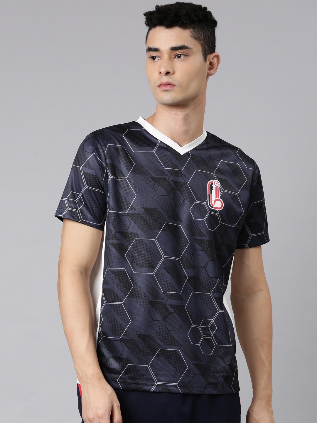 

FILA Men Blue Printed V-Neck T-shirt