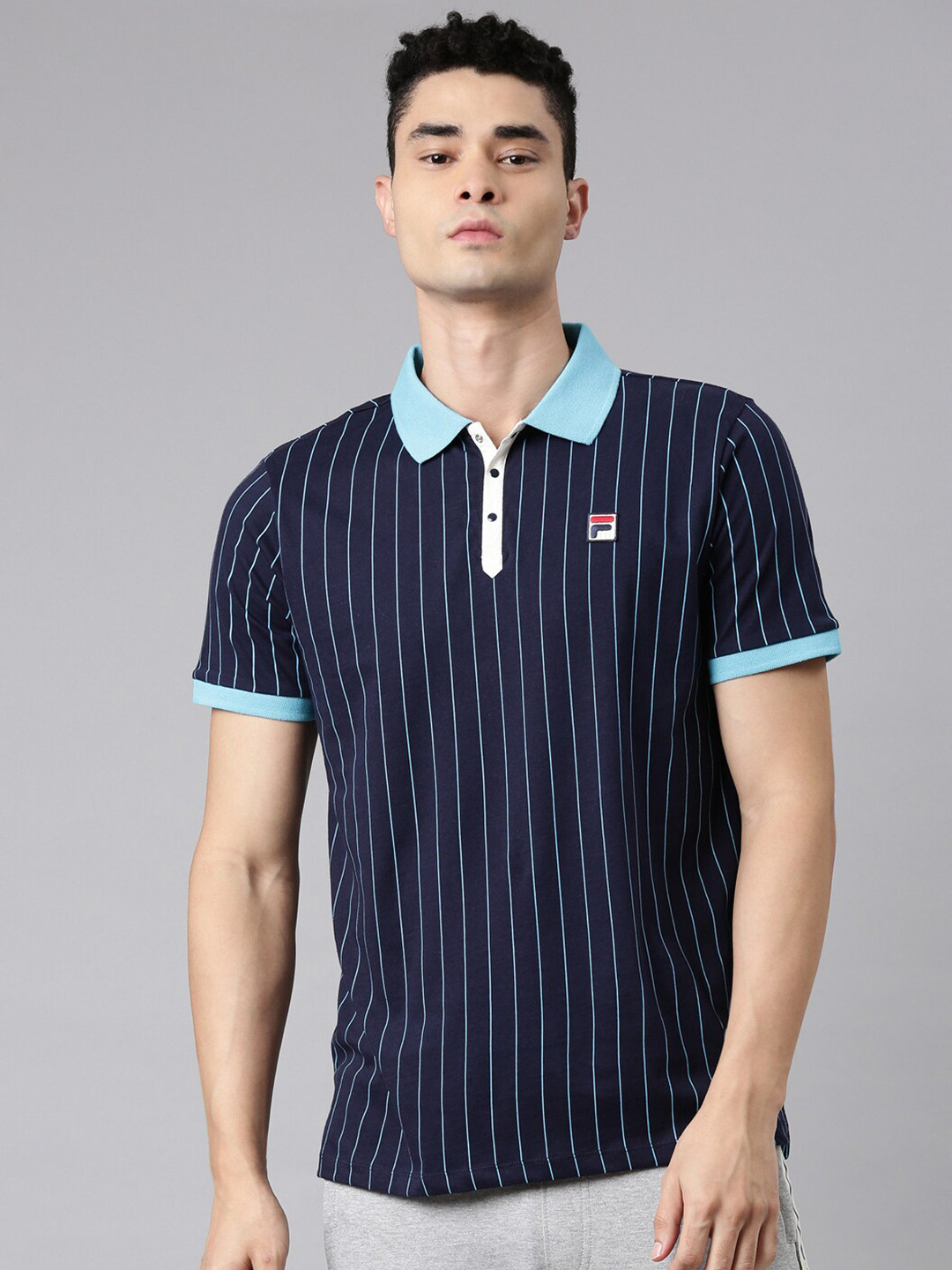 

FILA Men Blue Striped Polo Collar Organic Cotton T-shirt