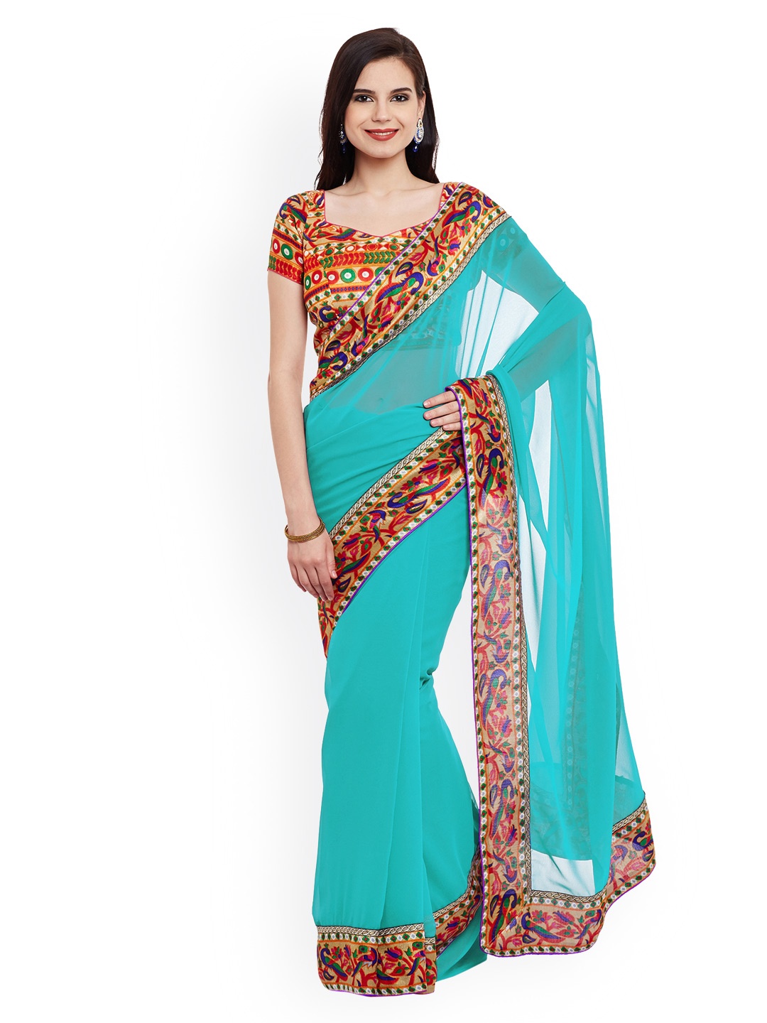 

Chhabra 555 Turquoise Blue Dyed Poly Georgette Saree