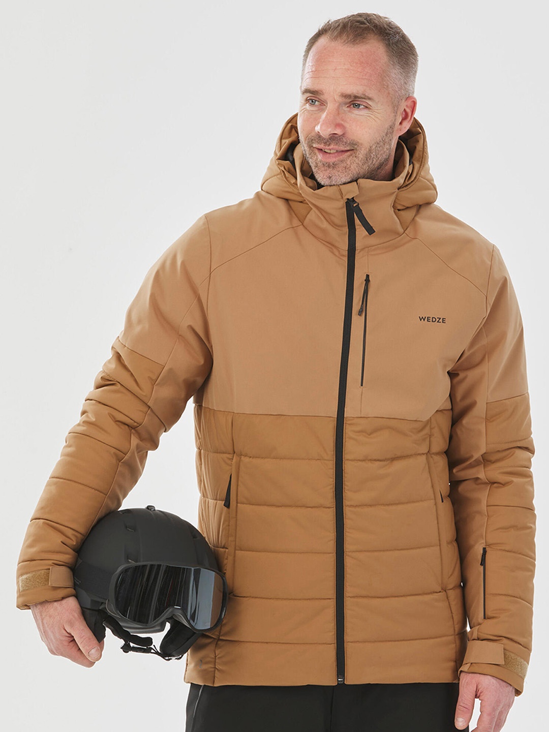 

WEDZE By Decathlon Men Brown Colourblocked Hooded Puffer Jacket