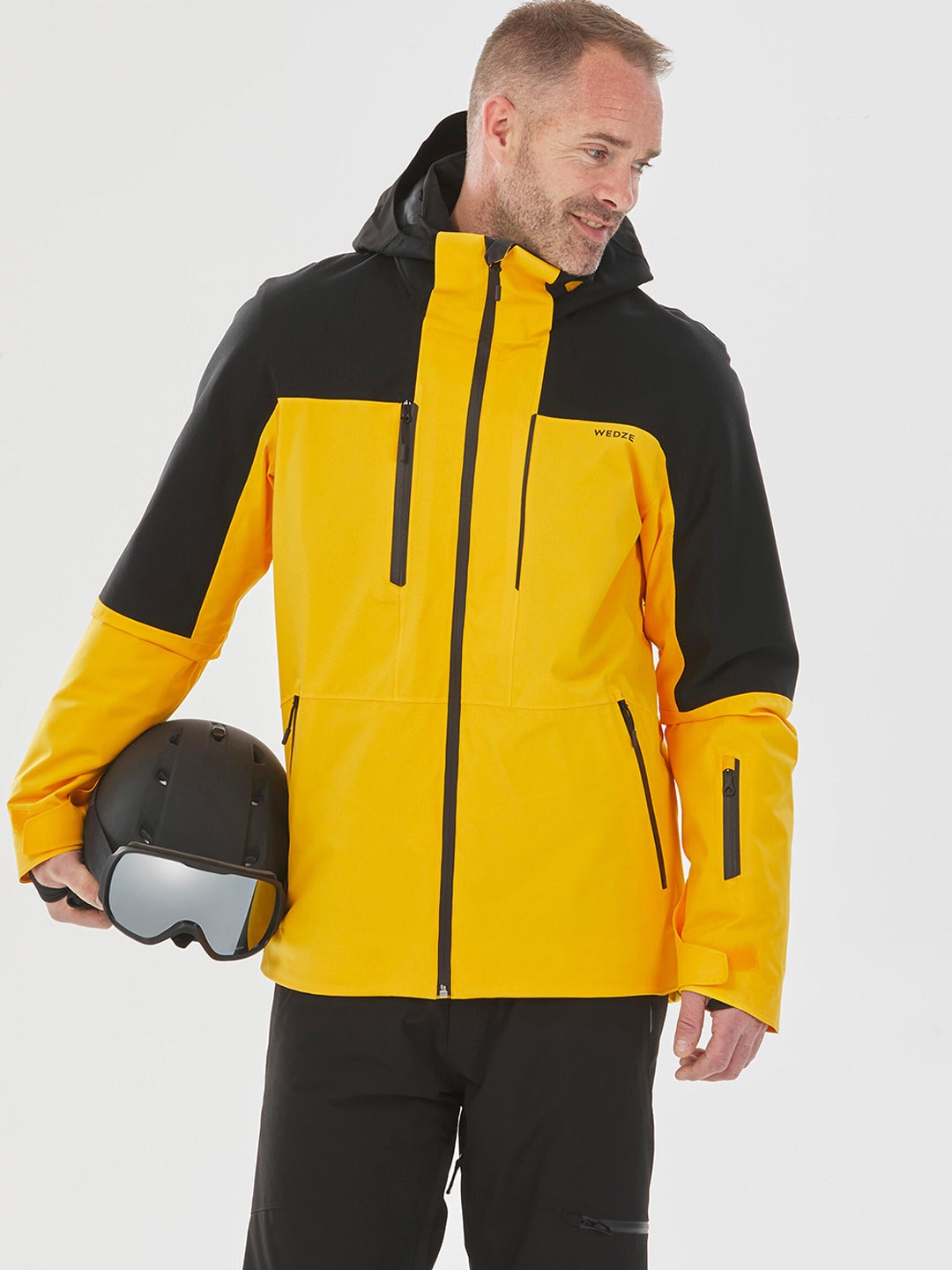

WEDZE By Decathlon Men Black & Yellow Colourblocked Hooded Bomber Jacket