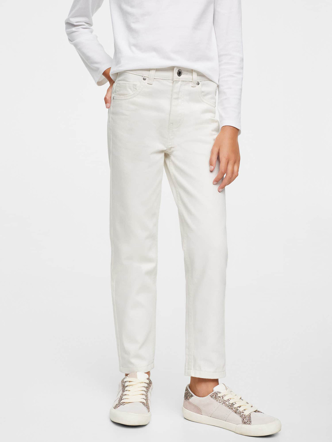 

Mango Kids Girls Off White Solid Pure Cotton Jeans
