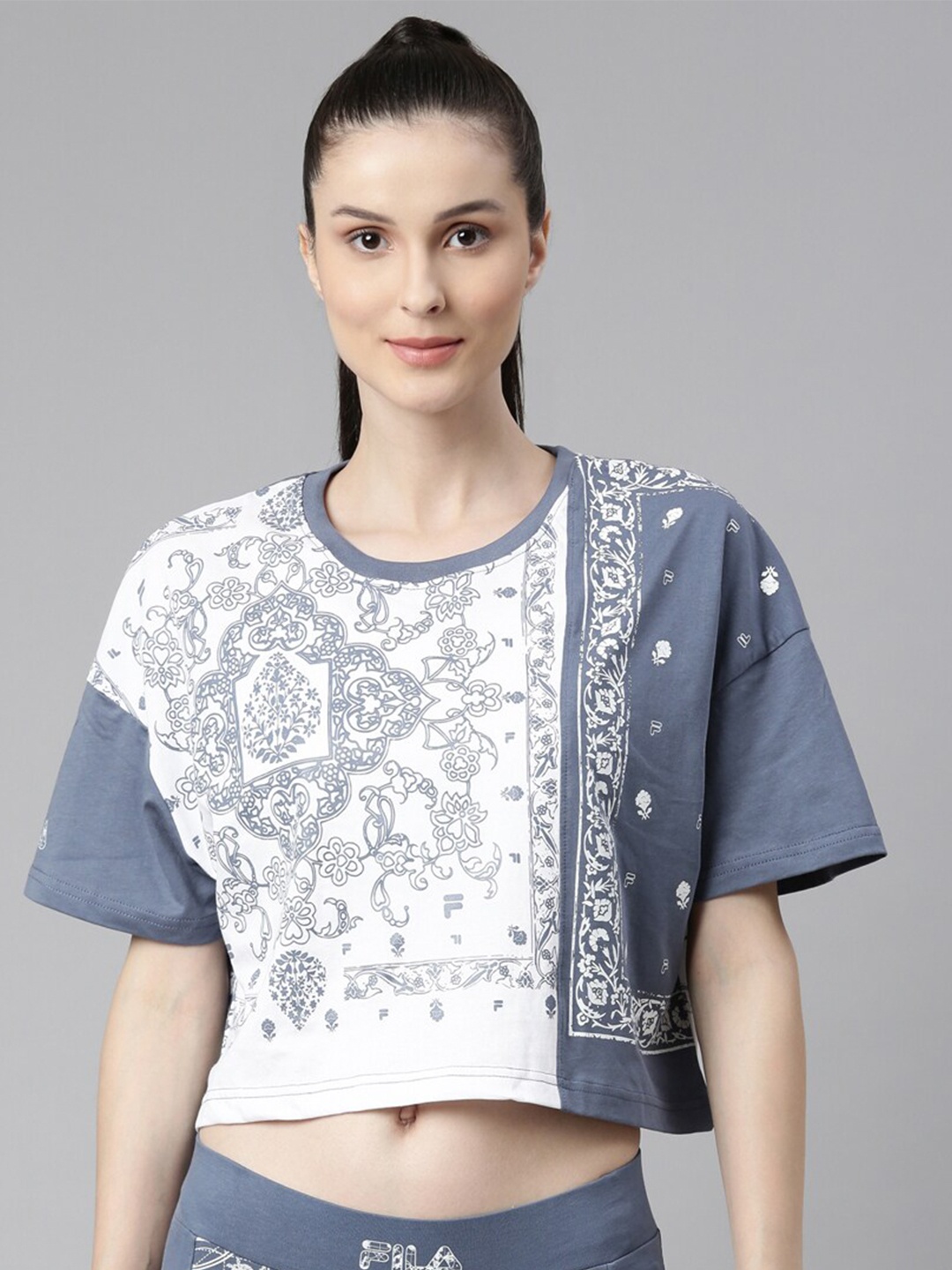 

FILA Women Blue & White Printed Organic Cotton T-shirt