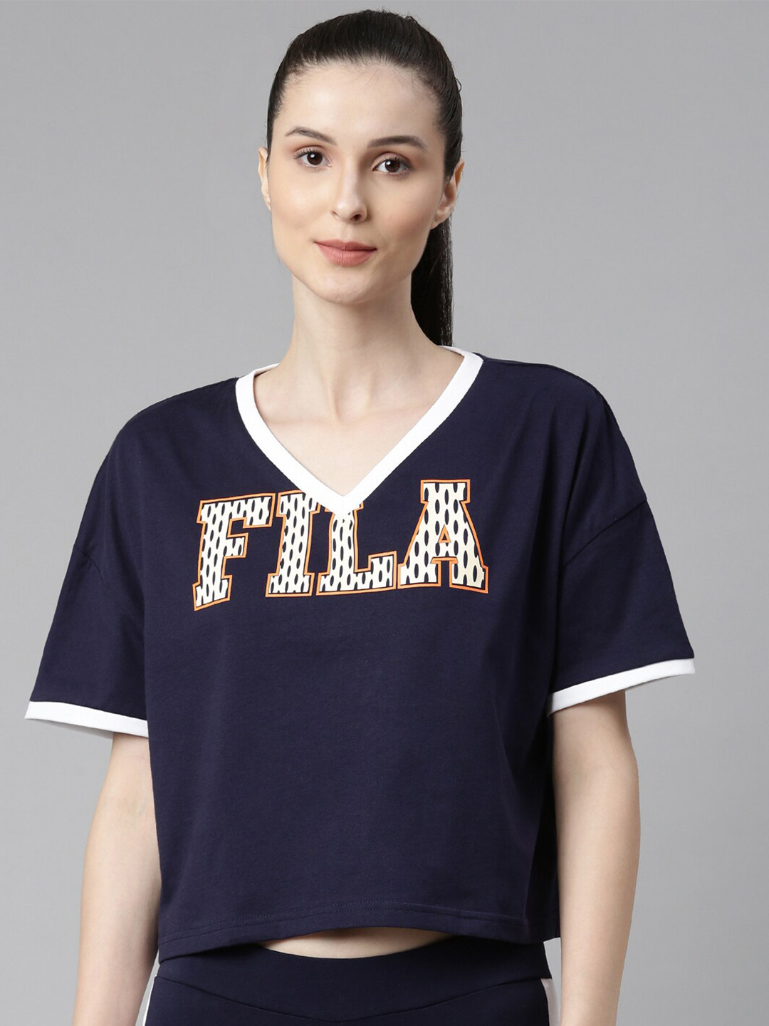 

FILA Women Blue Brand Logo Printed V-Neck Drop-Shoulder Sleeves Organic Cotton T-shirt