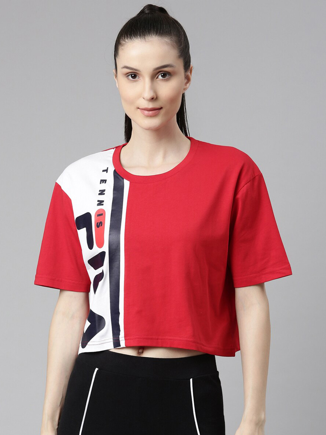 

FILA Women Red Typography Drop-Shoulder Sleeves Organic Cotton Applique T-shirt