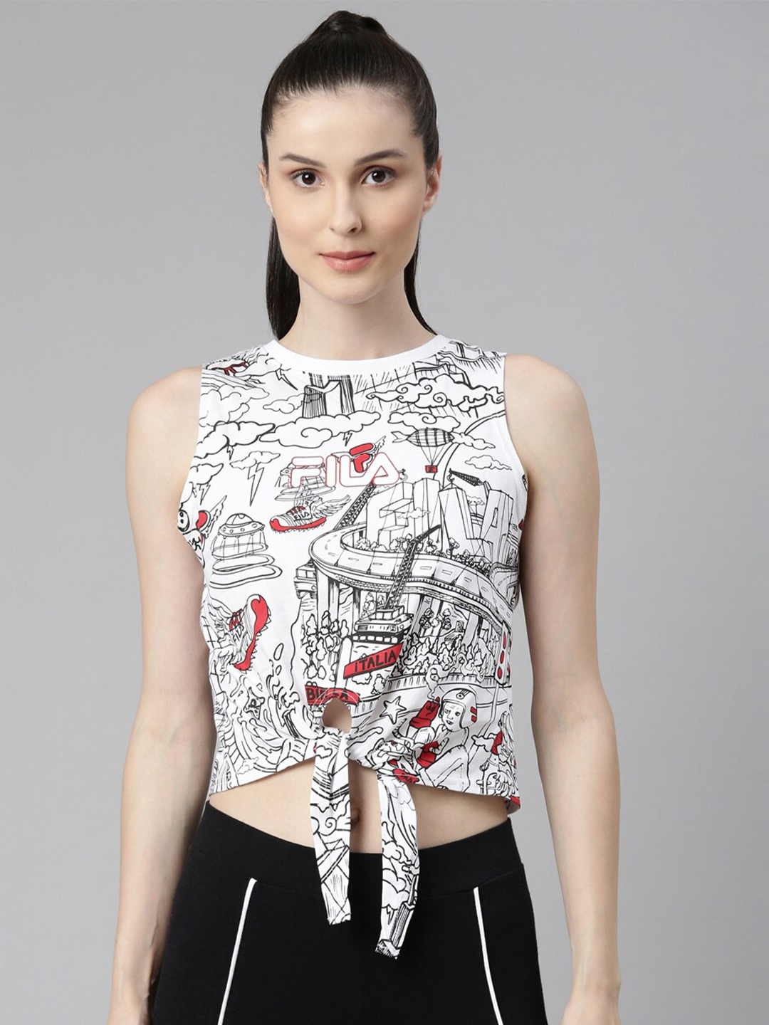 

FILA Women White Printed Organic Cotton Applique T-shirt