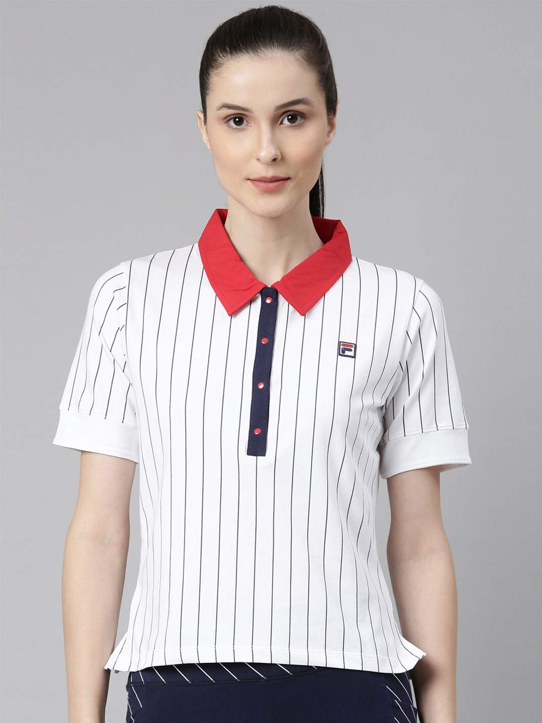 

FILA Women White Striped Polo Collar Extended Sleeves Organic Cotton Applique T-shirt