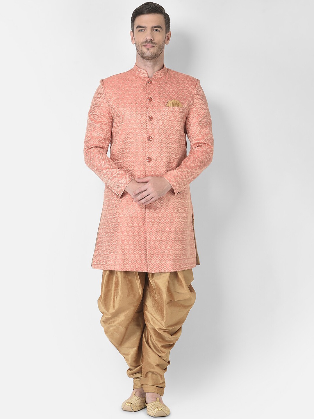 

SG RAJASAHAB Men Pink & Gold Self Design Sherwani Set