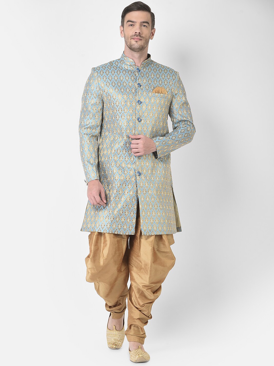 

SG RAJASAHAB Men Blue & Gold Woven Design Sherwani Set