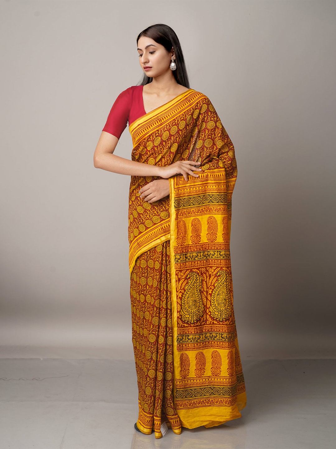 

Unnati Silks Maroon & Green Bagh Printed Chanderi Saree