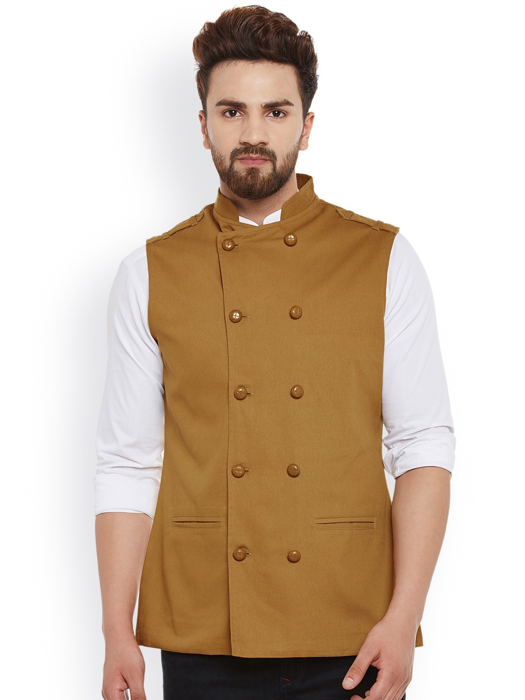 

Hypernation Khaki Double-Breasted Nehru Jacket