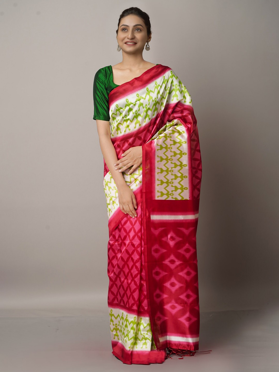 

Unnati Silks Red & Green Art Silk Block Printed Saree