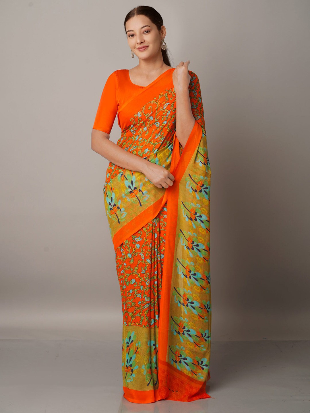 

Unnati Silks Orange & Olive Green Georgette Block Printed Saree
