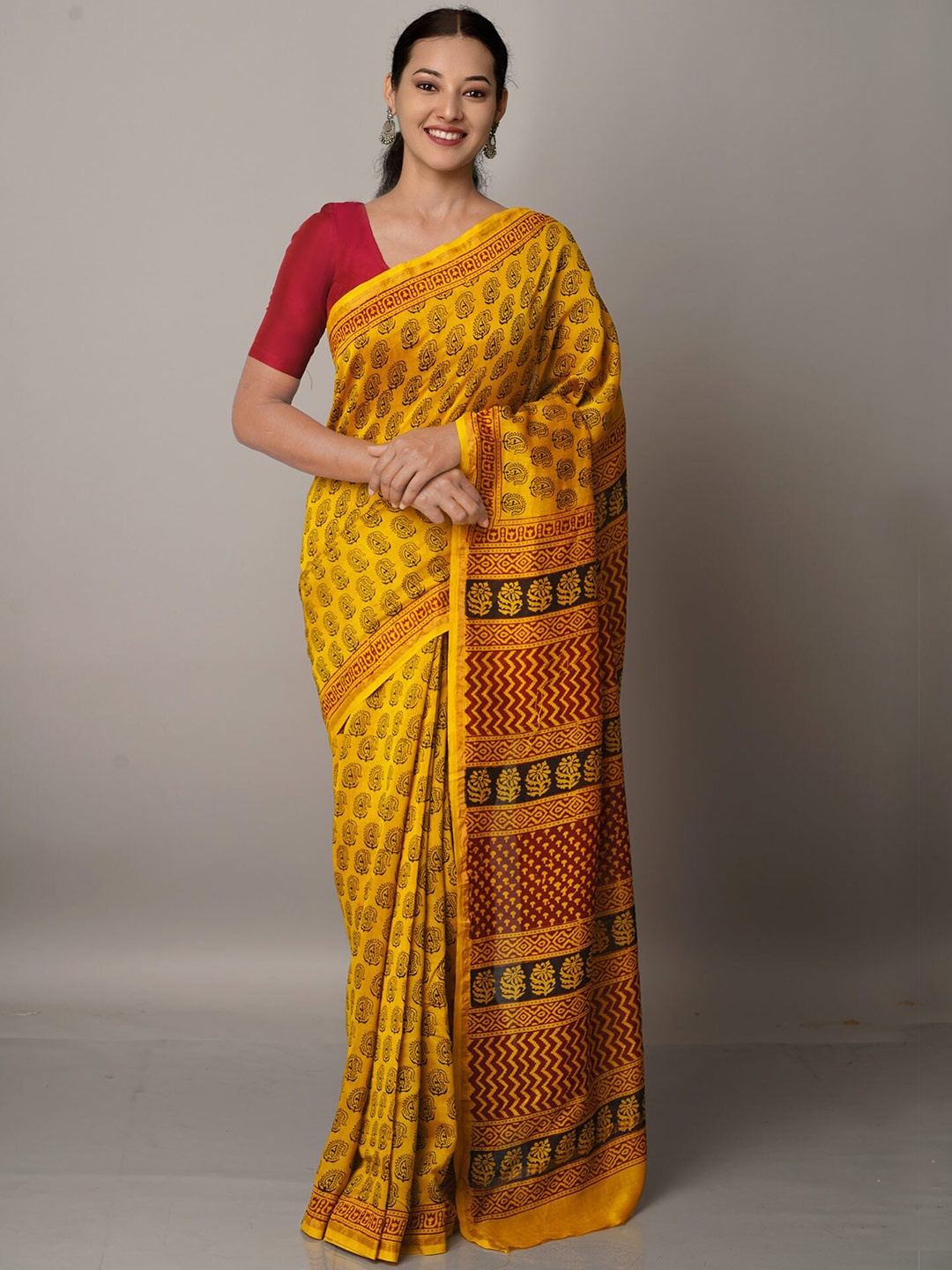 

Unnati Silks Yellow & Maroon Bagh Printed Pure Cotton Chanderi Saree