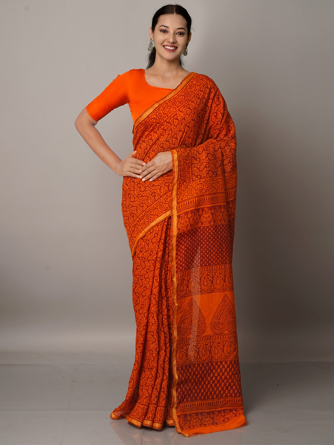 

Unnati Silks Orange & Gold-Toned Bagh Printed Chanderi Saree