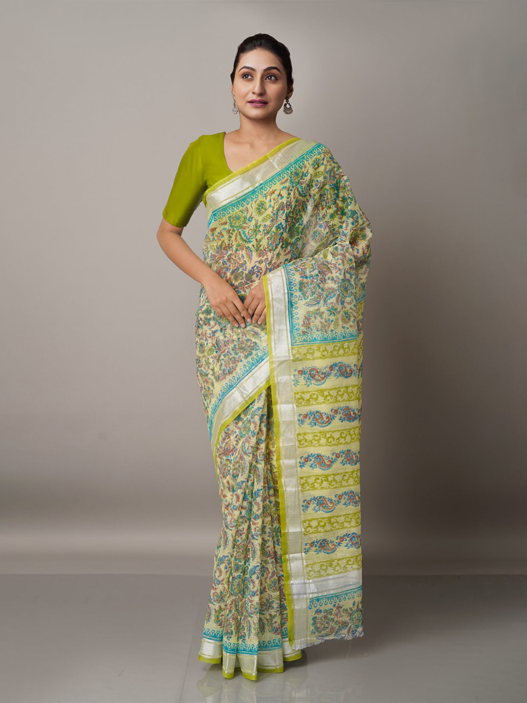 

Unnati Silks Green & Blue Printed Zari Pure Cotton Kota Saree