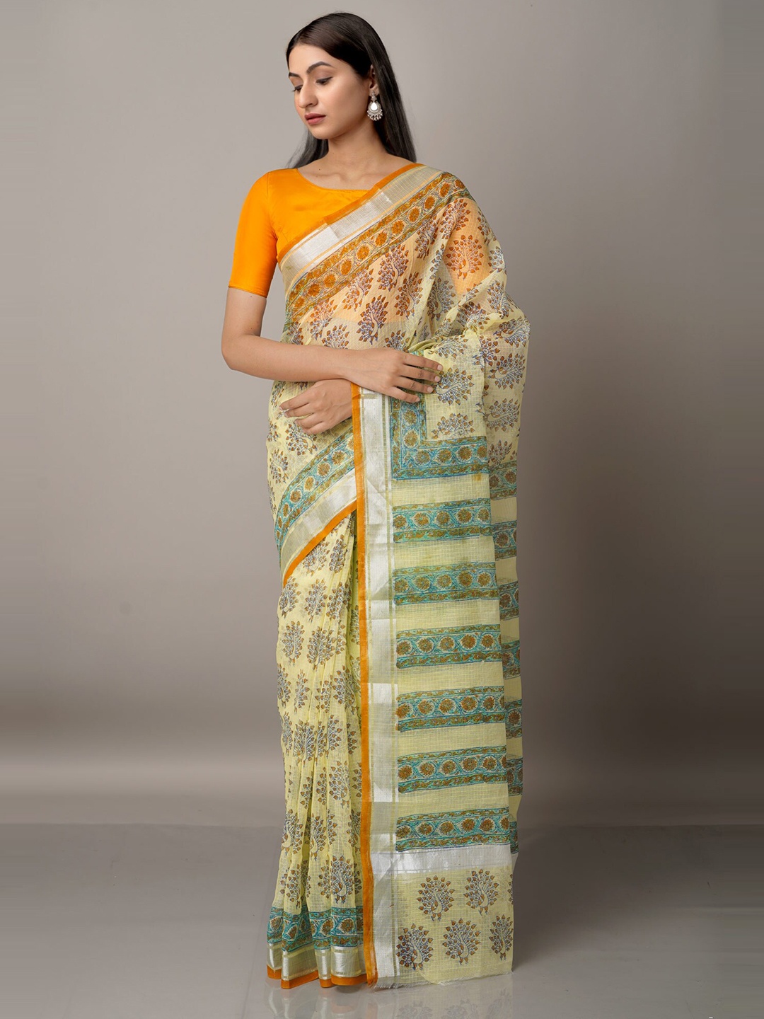 

Unnati Silks Yellow & Orange Block Printed Pure Cotton Kota Saree