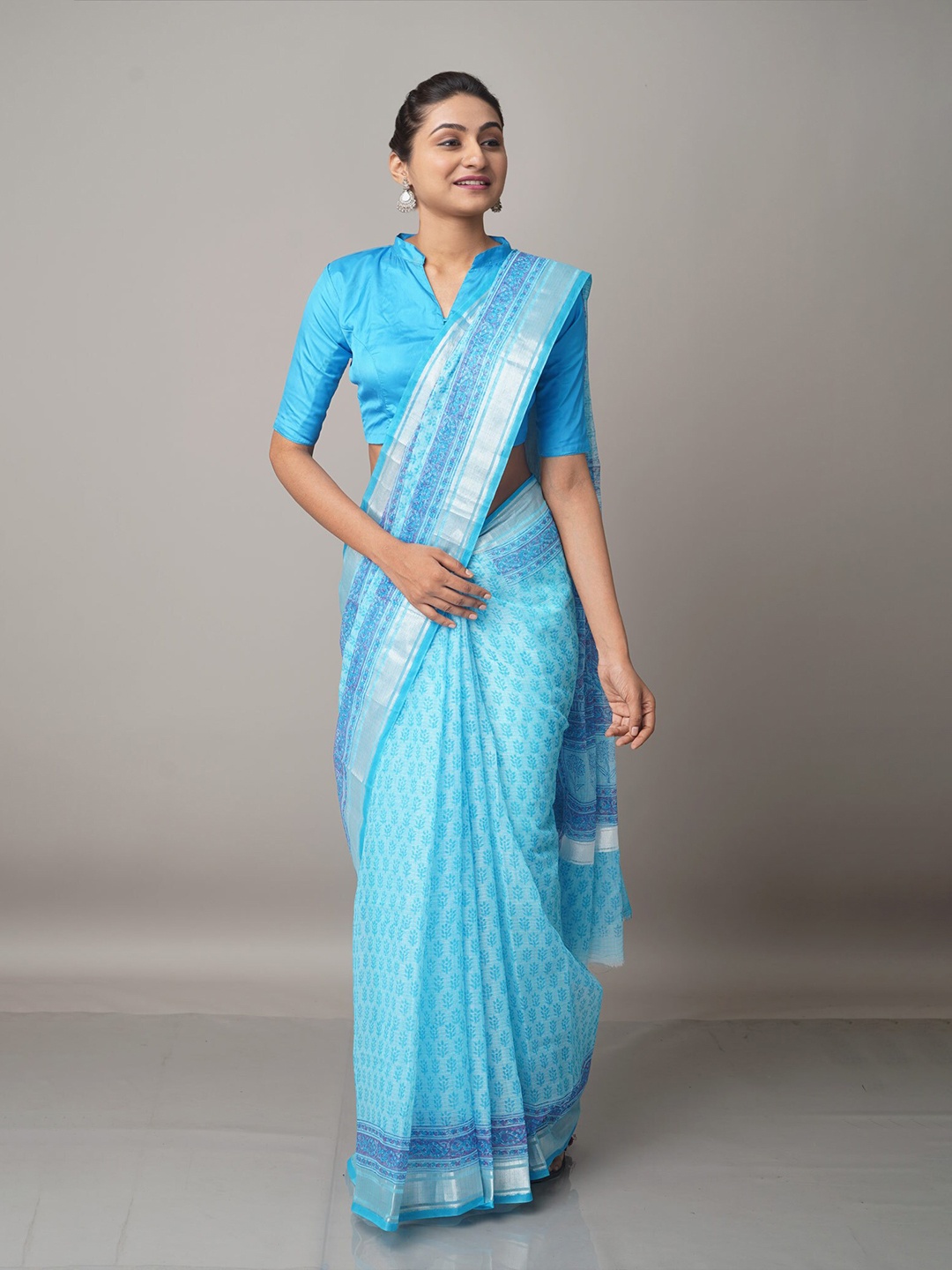 

Unnati Silks Blue & Silver Block Printed Kota Cotton Saree