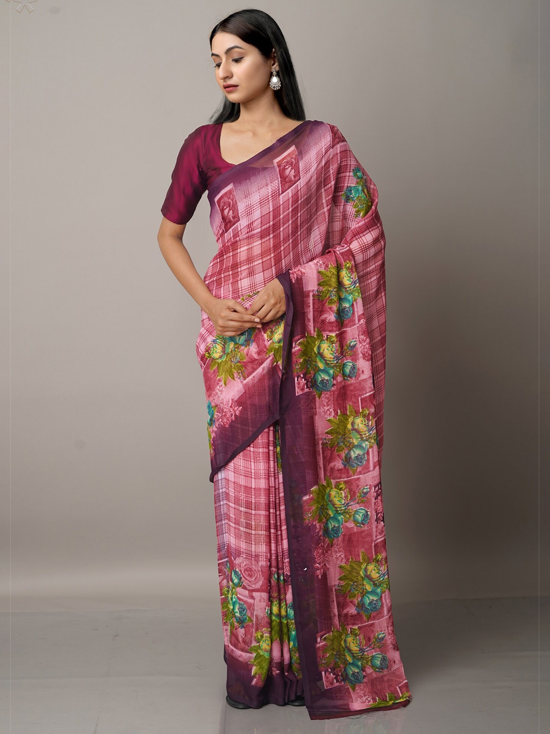 

Unnati Silks Burgundy & Green Floral Georgette Block Printed Saree