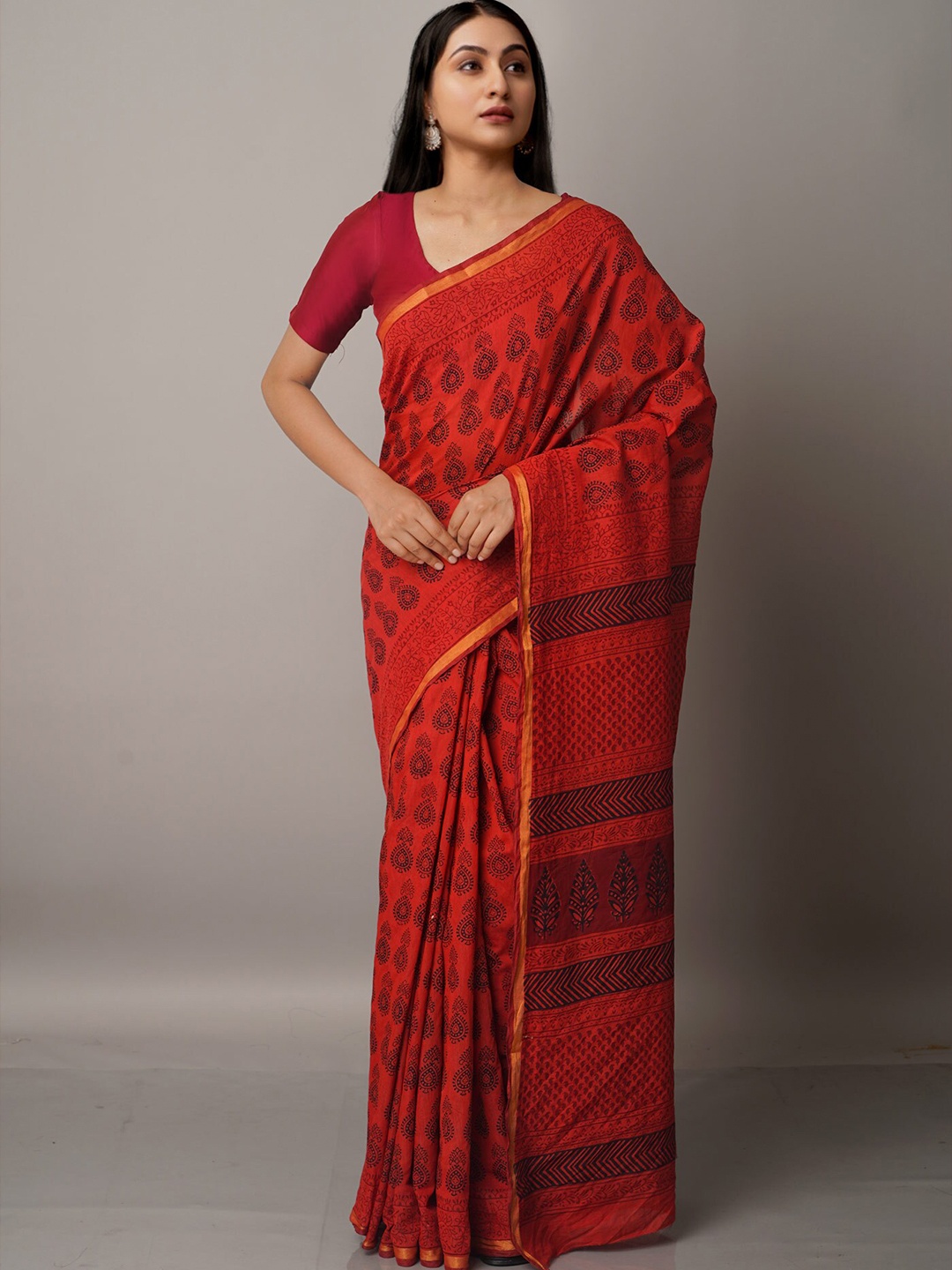 

Unnati Silks Red & Black Bagh Printed Chanderi Saree