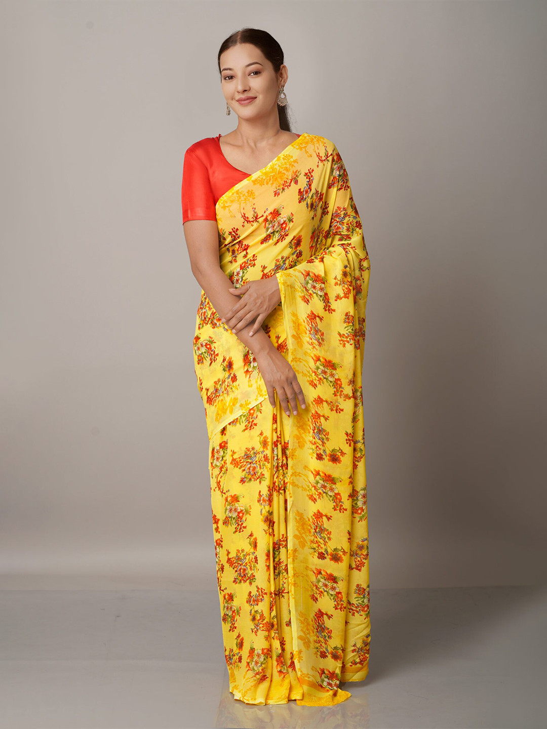 

Unnati Silks Yellow & Red Floral Block Print Saree