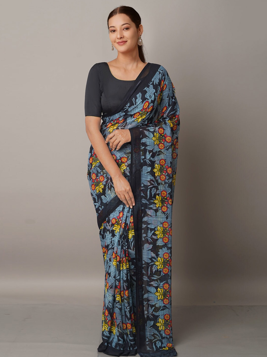 

Unnati Silks Blue & Red Floral Block Print Saree