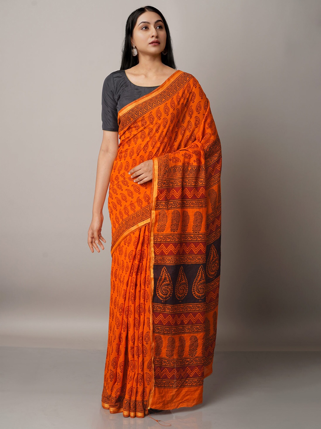 

Unnati Silks Orange & Black Bagh Printed Chanderi Saree