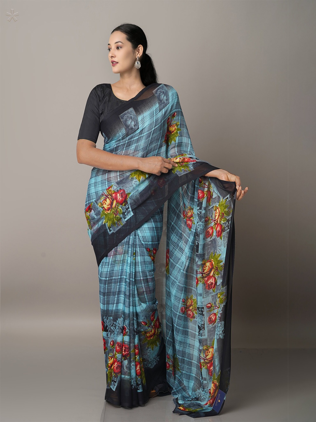 

Unnati Silks Blue & Red Floral Block Print Saree