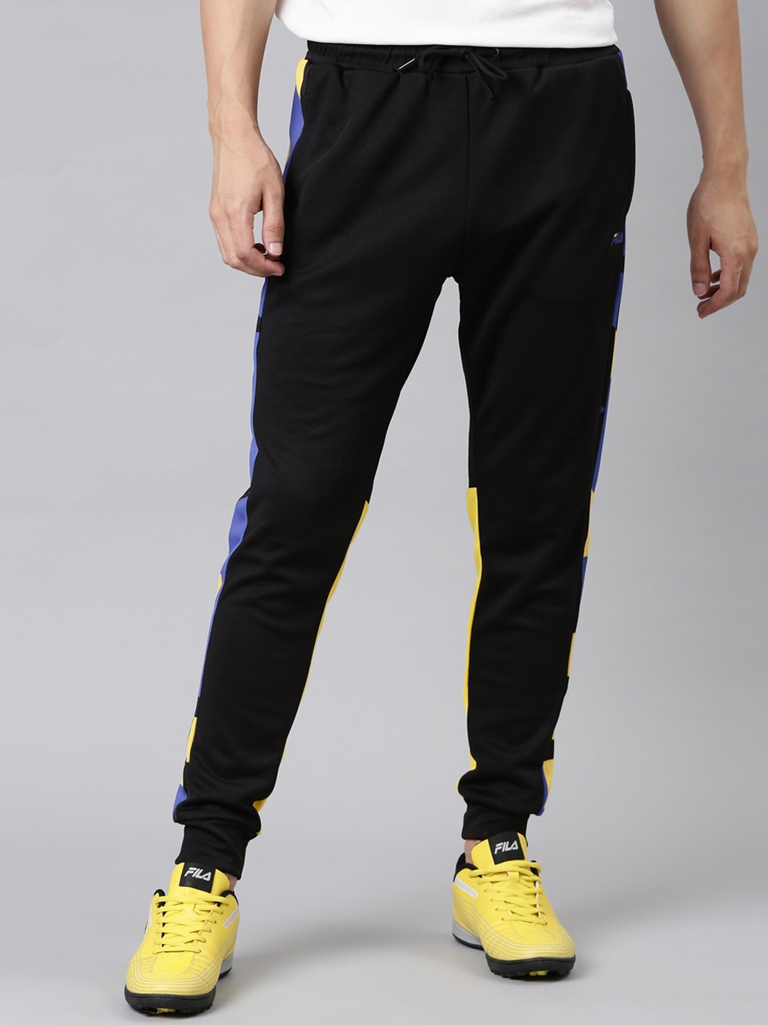 

FILA Men Black & Yellow Colour-Blocked Drawstring Joggers