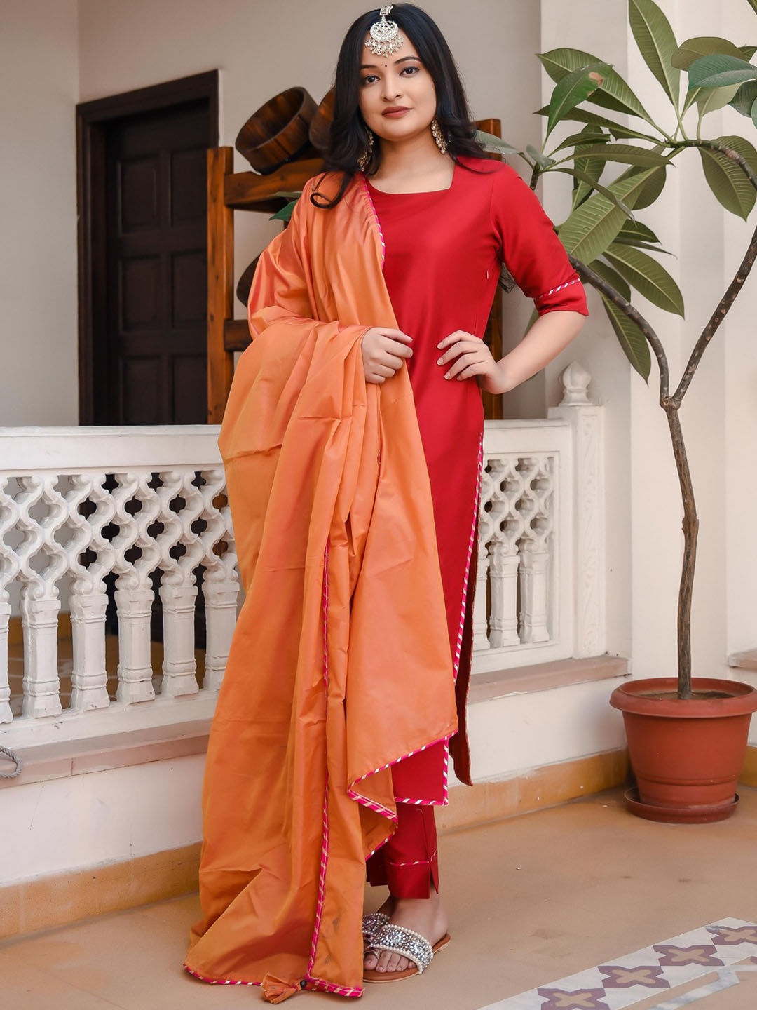 

Indian Virasat Women Red Kurta with Trousers & With Dupatta