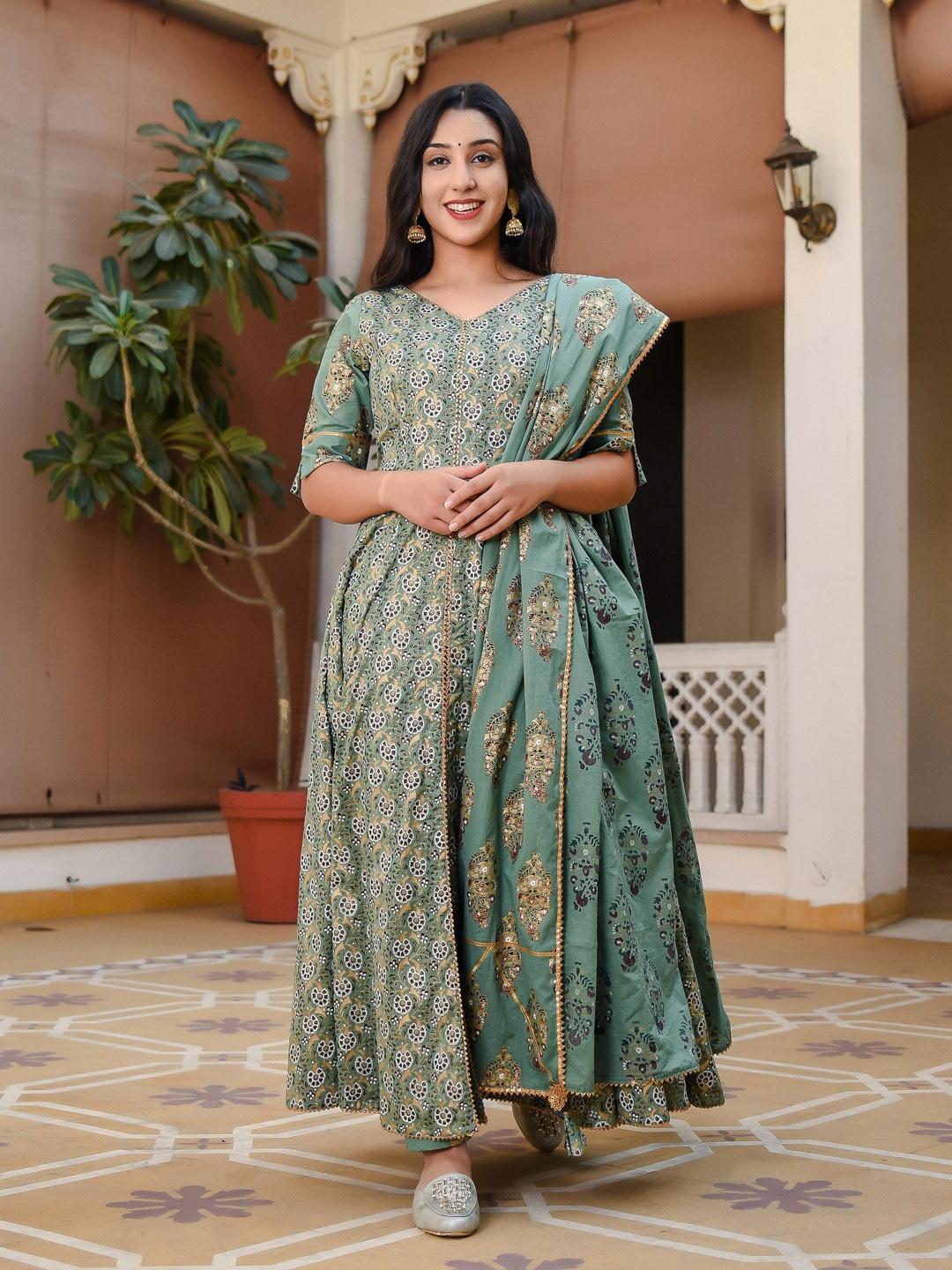 

Indian Virasat Women Green Floral Printed Angrakha Pure Cotton Kurta with Trousers & With Dupatta